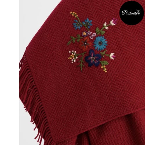 شال أحمر عقيقي صوف كشميري مع صوف تركي تطريز يدوي 7...