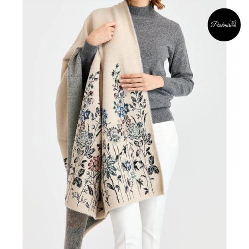 شال فرو أرنب طبيعي مع صوف كشميري وتركي أرضية بيج ف...