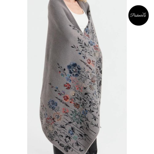 شال فرو أرنب طبيعي مع صوف كشميري وتركي أرضية رمادي...