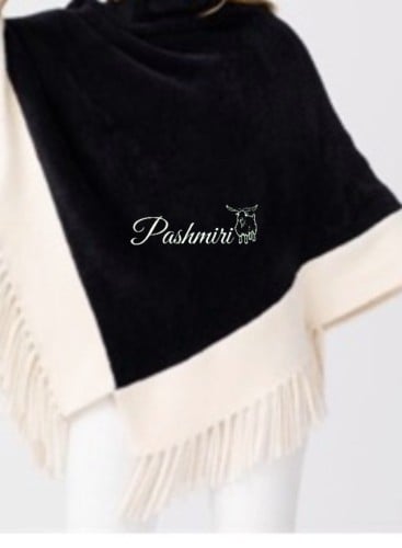 شال لون أسود مع طرف أبيض فرو أرنب طبيعي مع صوف كشم...