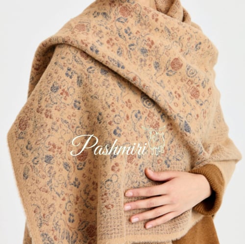 شال فرو أرنب طبيعي مع صوف كشميري وتركي لون بيج غام...