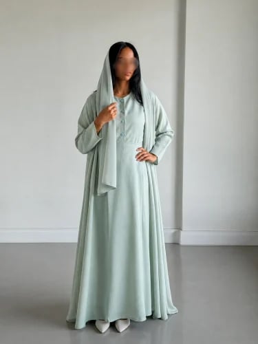 عبايا لنن بيسك كلوش بأربع قطع عملية ( أخضر باستل)
