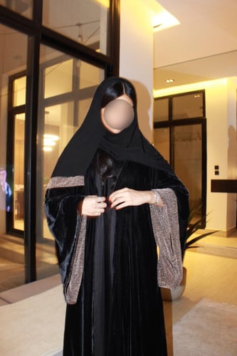 Black Velvet A cut Abaya with Rose Gold Shimmer Li...