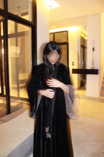 Black Velvet A cut Abaya with Rose Gold Shimmer Li...