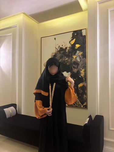 Black A-line abaya with collar and wide orange sle...