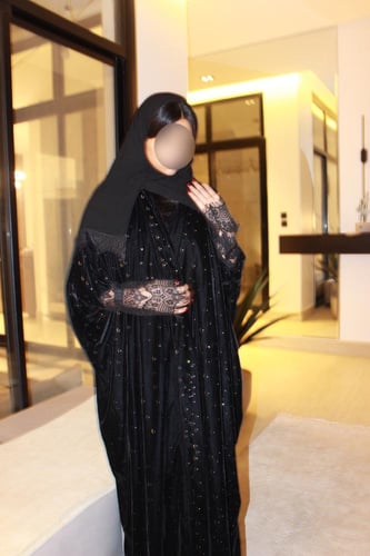 Black Half Bisht Crystal & Lace Abaya