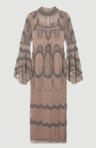 فستان ماكسي صغير مزين بالخرز بأكمام طويلة من كارين...