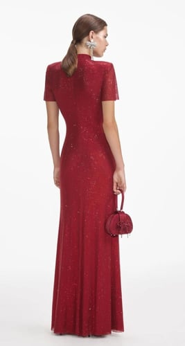 فستان ماكسي شبكي مزين بأحجار الراين باللون الأحمر...