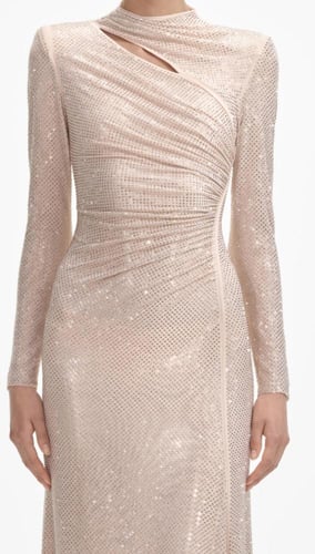 فستان ماكسي بفتحات شبكية مرصعة بأحجار الراين الذهب...