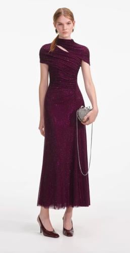 فستان ميدي من القماش الشبكي المزين بحجر الراين بال...