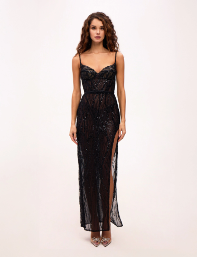 فستان ماكسي مذهل مرصع بالترتر مع حمالات رفيعة من ا...