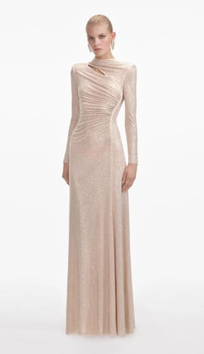 فستان ماكسي بفتحات شبكية مرصعة بأحجار الراين الذهب...