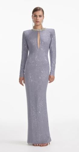 فستان ماكسي شبكي مرصع بأحجار الراين باللون الرمادي...
