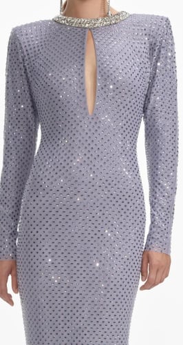 فستان ماكسي شبكي مرصع بأحجار الراين باللون الرمادي...