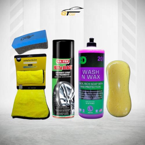 بكج تنضيف خارجي من GT CAR شامبو وملمع كفرات وخرقه...