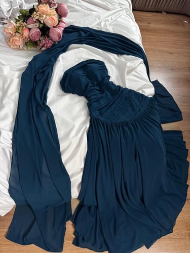 فستان بشال فخم لون بترولي