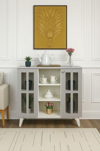 ركن كوفي تصميم انيق بابين زجاج شفاف مع رفوف لون اب...