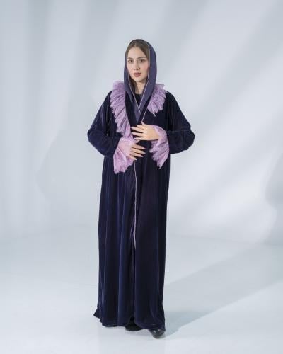 A31 عبايه مخمل بنفسجي مع دانتيل