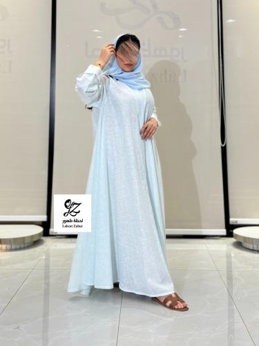 عبايه دبل كلوش بقماش لنن هندي سماوي