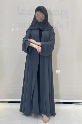 عبايه دبل كلوش صيفي بقماش حرير بلاك رمادي