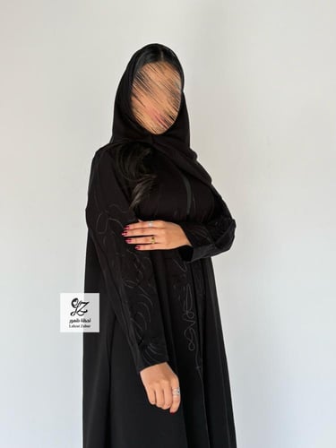 عبايه الماس بقماش سيراميك اسود تطريز اسود