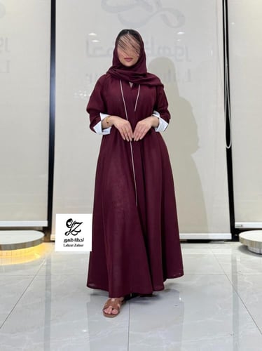 عبايه دبل كلوش بقماش لنن هندي عنابي