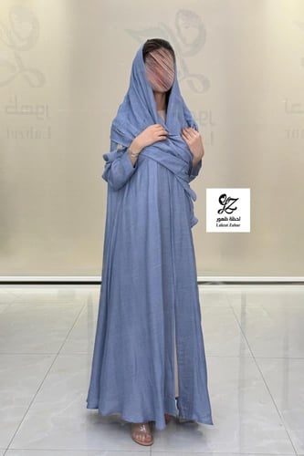 عبايه شهد كلوش بقماش لنن طبيعي لون سماوي