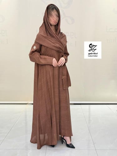 عبايه شهد كلوش بقماش لنن طبيعي لون بني