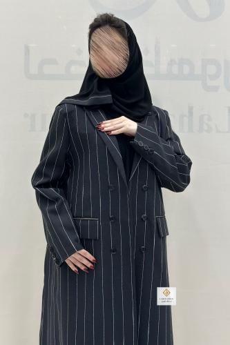 عبايه بليزر رسمي مبطنه بقماش لنن مخطط اسود