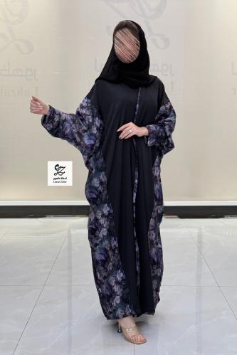 عبايه نص بشت فراشه بقماش حرير بتدخيلات شيفون مشجر...