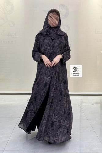 عبايه شغف بقماش شيفون هندي مشجر مع الطرحه