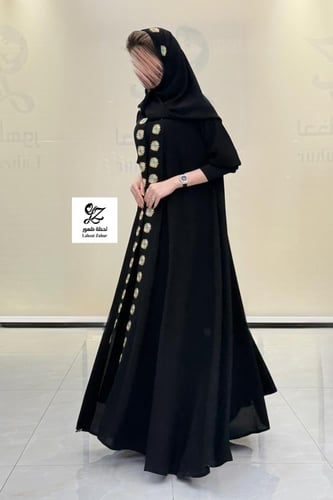 عبايه كوين دبل كلوش بقماش ملكي اسود بتدخيل تطريز م...