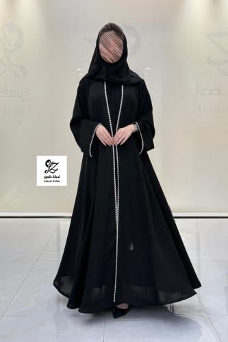 عبايه سودا دبل كلوش بقماش انترنت بتحديد ابيض