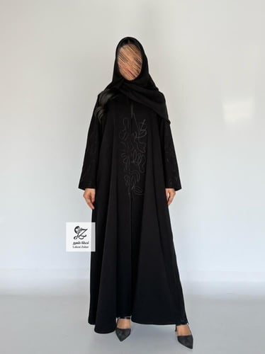 عبايه الماس بقماش سيراميك اسود تطريز اسود
