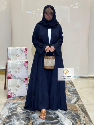 عبايه كلوش طبقات كامل مكسر بقماش لنن قطني لون كحلي