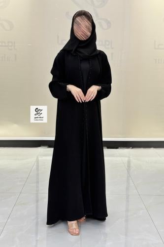 عبايه نص كلوش بقماش اندنوسي اسود فاحم بتدخيل تطريز...