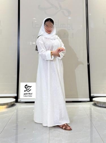 عبايه دبل كلوش بقماش لنن هندي ابيض