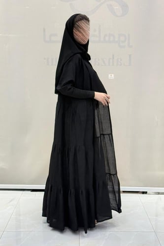 عبايه ثراء طبقات كامل بكم استرتش ماسك بقماش بلاك ص...