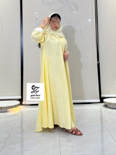 عبايه دبل كلوش بقماش لنن هندي اصفر