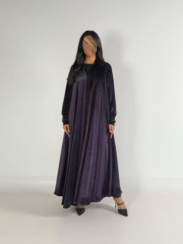 عبايه دبل كلوش بقماش مخمل ايطالي بكم ماسك لون موف