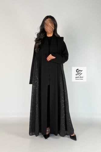 عبايه حصه كلوش بقماش كريب اندونسي مع ترتر فخم اسود