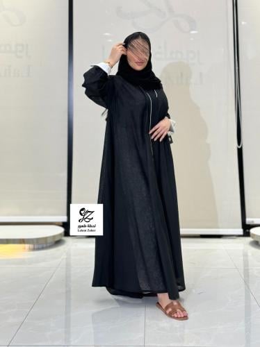 عبايه دبل كلوش بقماش لنن هندي اسود