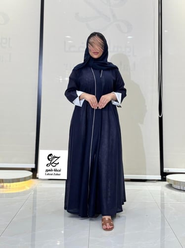 عبايه دبل كلوش بقماش لنن هندي كحلي