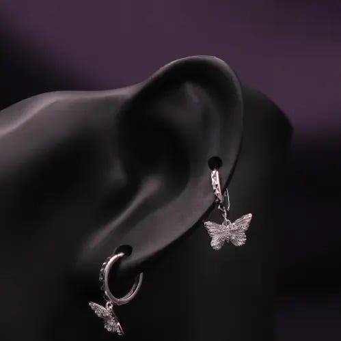 Silver hoops with butterfly pendant, 925 sterling...