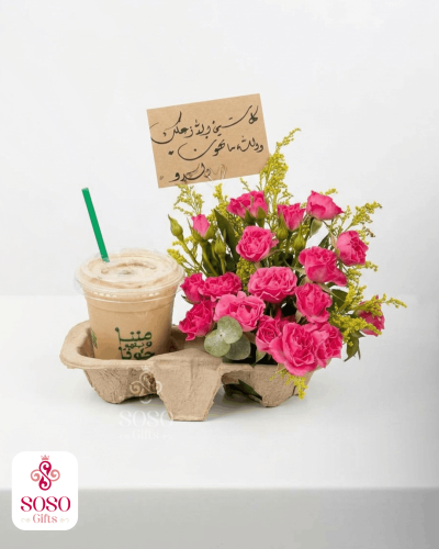 قهوة بارنز مع باقة ورد بيبي روز وردي