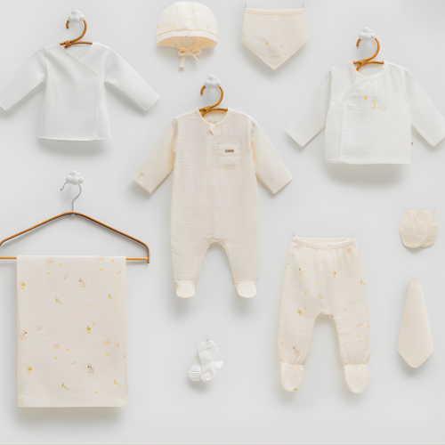 طقم مواليد استقبال 10 قطع بنقشة - و بربتوز سكري لح...