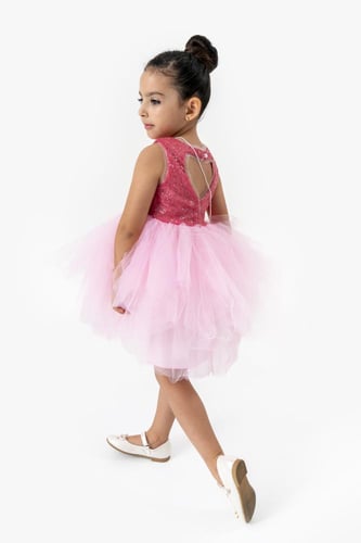 فستان بناتي بترتر ملون وتنورة تل مع حقيبه صغيره -...