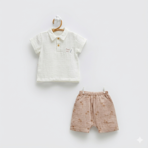 طقم مواليد قماش شاش قطني بارد قميص وشورت - صناعة ت...