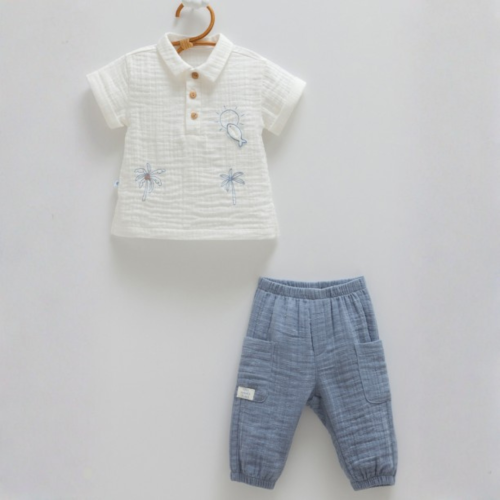 طقم مواليد قطعتين تيشيرت بولو سكري مطرز مع بنطلون...