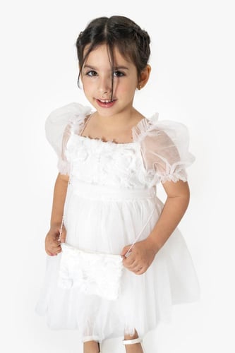 فستان بناتي منفوش بأكمام بوف وشنطة صغيره - صنع فى...